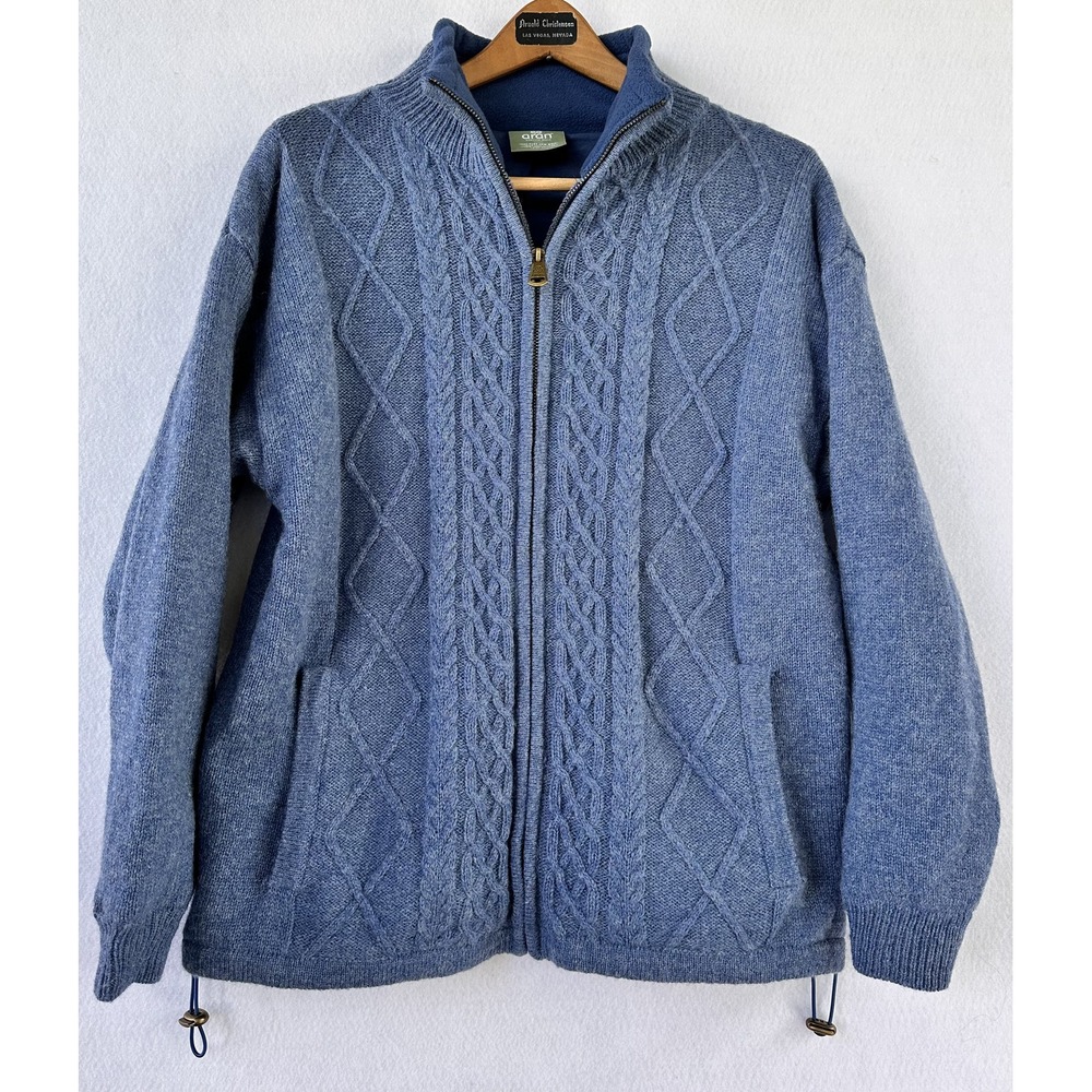 Aran Lined Wool Sweater Cardigan Heavy Blue Woolen Mills Men's Small
